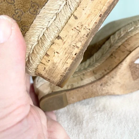 GUCCI Women's Tan GG Logo Platform Cork Wedge Espadrille Sandal Size 37.5 - Picture 4 of 13